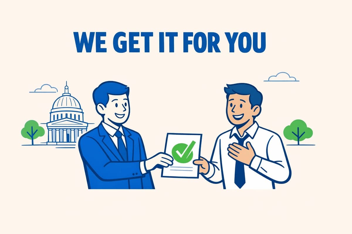 A helper in a blue suit hands a business owner a document marked with a green checkmark, with a state government building in the background