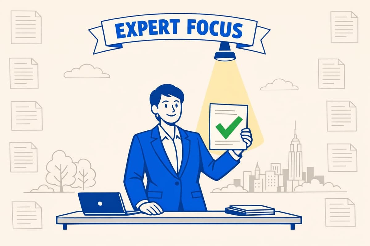 Un profesional especializado en traje azul sosteniendo un documento con una marca de verificación verde bajo un foco de luz, con documentos difuminados en el fondo representando experiencia enfocada sobre servicios generalizados