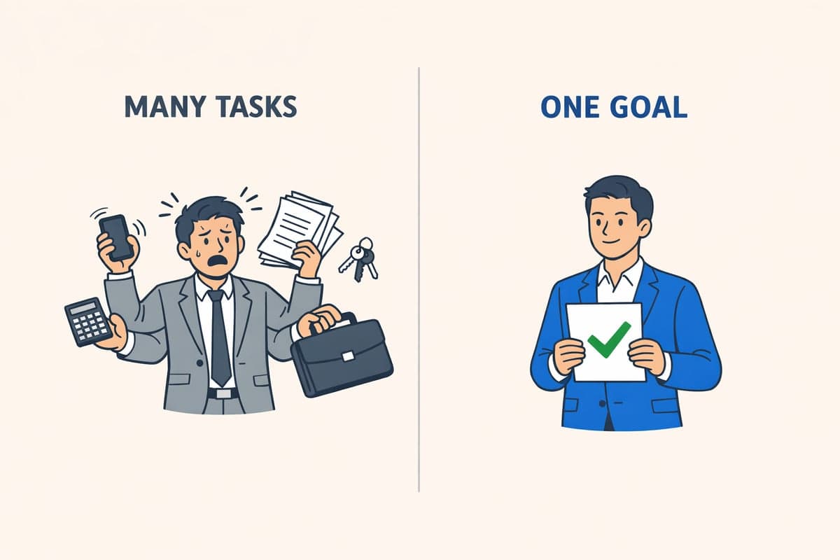 Comparación en pantalla dividida mostrando a una persona estresada en gris haciendo malabarismos con muchas tareas a la izquierda versus un profesional tranquilo en azul enfocado en un solo objetivo a la derecha