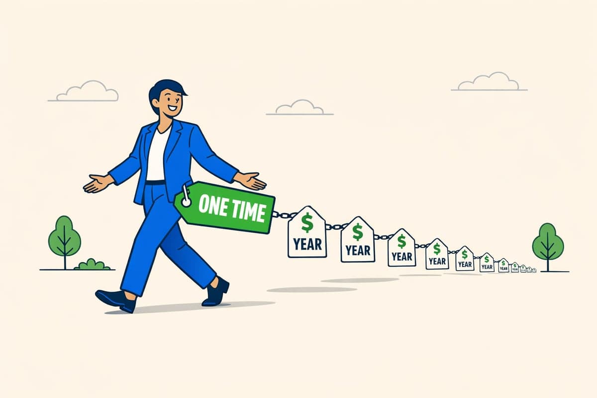 Un profesional feliz en azul caminando hacia adelante con una etiqueta verde de precio único mientras una cadena de etiquetas recurrentes anuales con signos de dólar se desvanece detrás