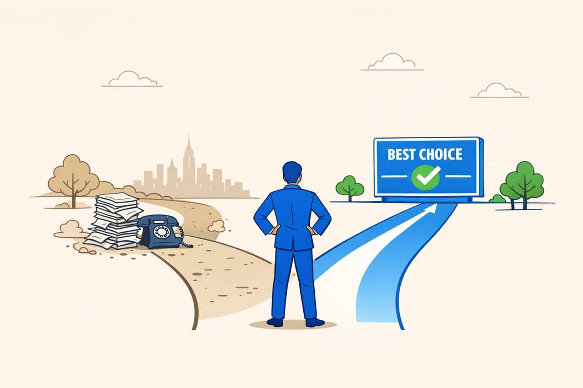 Propietario de negocio eligiendo entre un camino antiguo basado en papel y un camino digital moderno para servicios de publicación de LLC