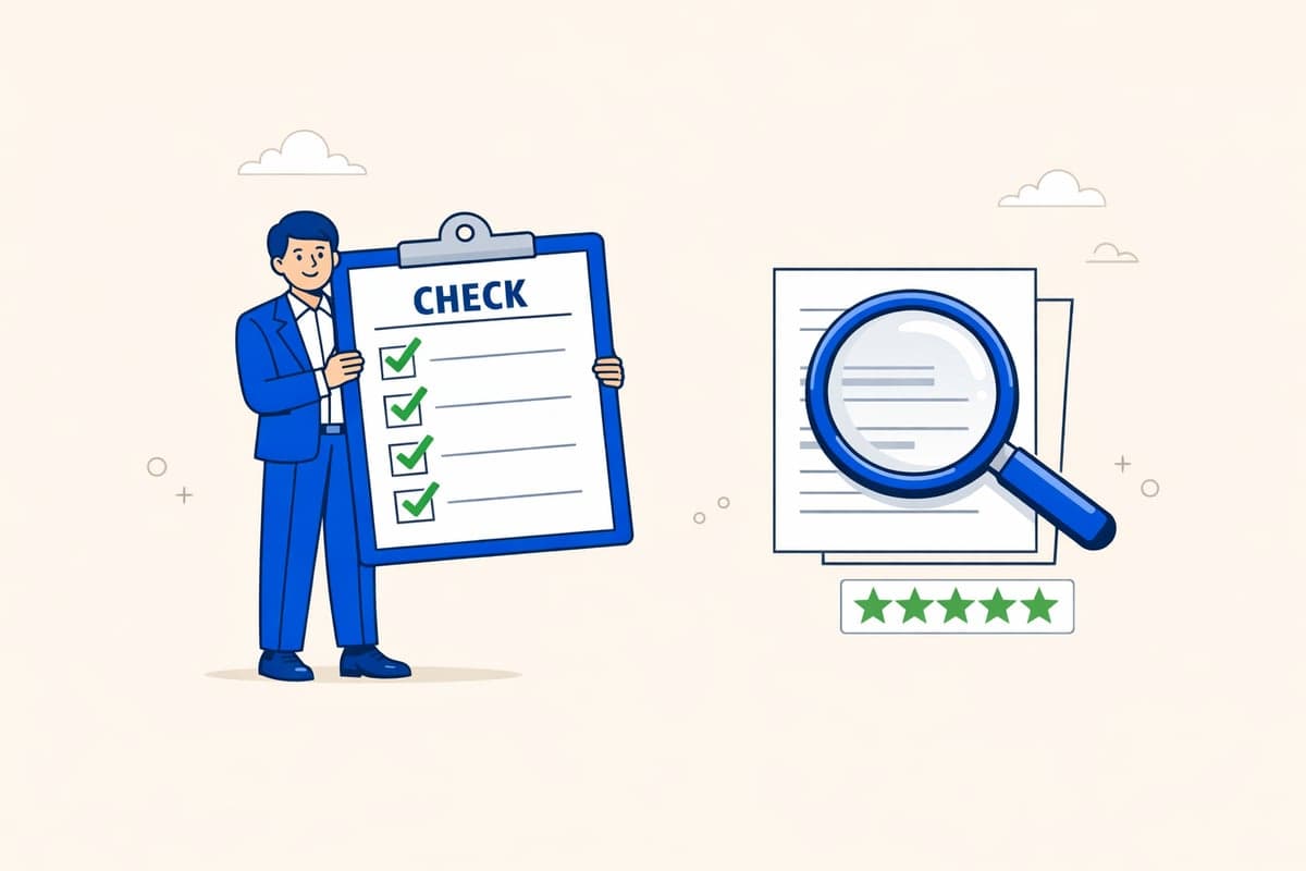 Una persona en traje azul sosteniendo un portapapeles grande con marcas de verificación verdes, junto a una lupa examinando documentos y una calificación de cinco estrellas